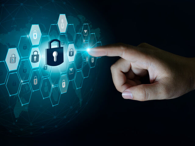 Button On Virtual Screen Pressed With Finger Global Network Secu